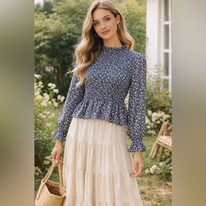 Mi Ami Smocked Floral Blouse Size L Navy White Cottagecore Prairie Ruffle Neck